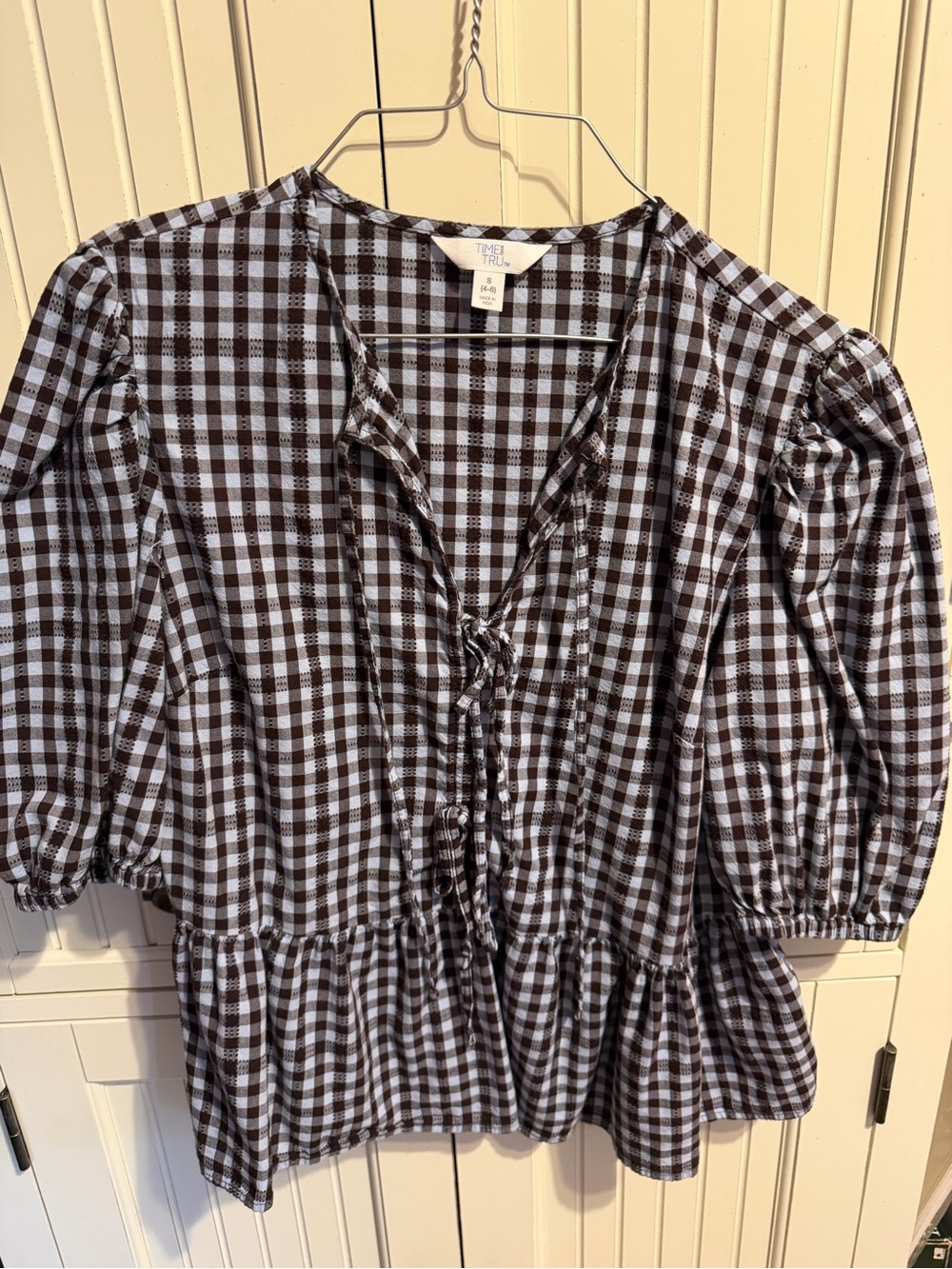 Time and Tru Brown and Pale Blue  Gingham Tie-Front Peplum Blouse